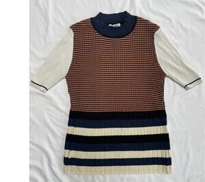 Opening Ceremony Ribbed Navy Metallic Striped Short Sleeve Sweater Top, Large